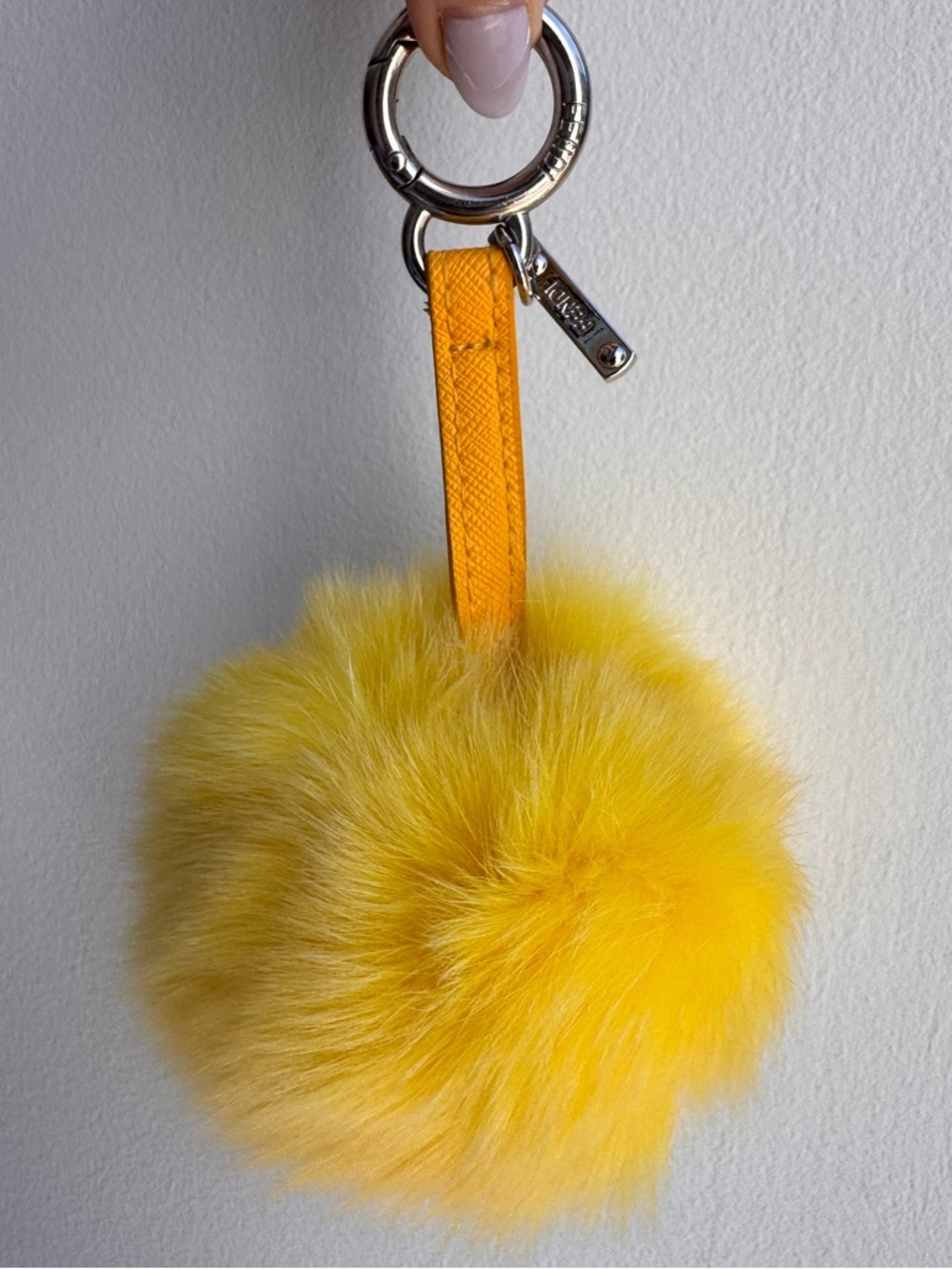 Yellow Fox Fur Pom-Pom Bag Charm with Leather Strap